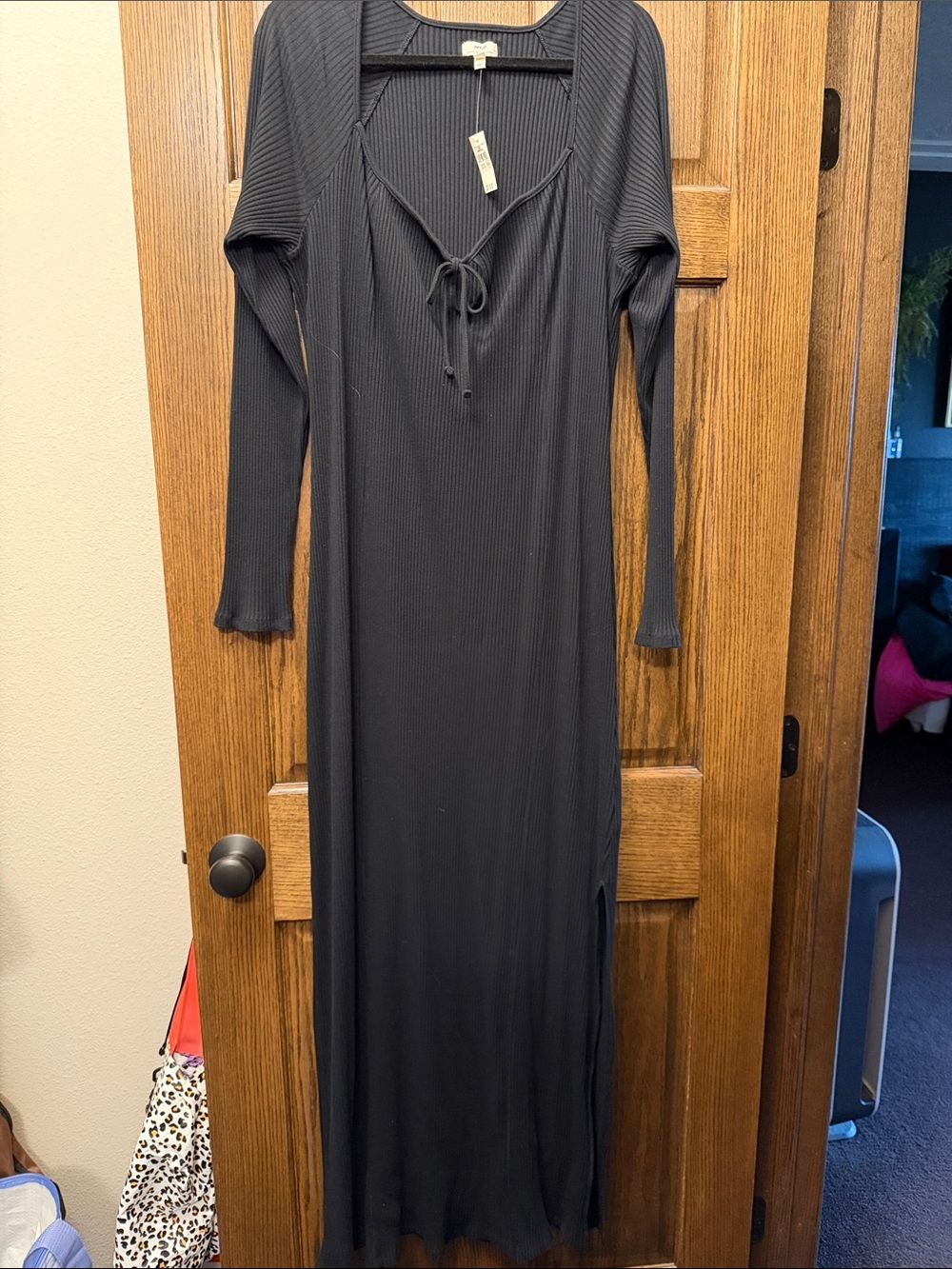 aerie Black Ribbed Tie-Front Maxi Dress